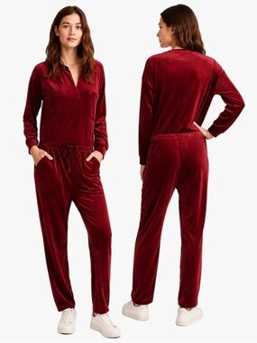 Lou & Grey Loft Velour Velvet Jumpsuit in Deep Wine Red Women’s Size XL